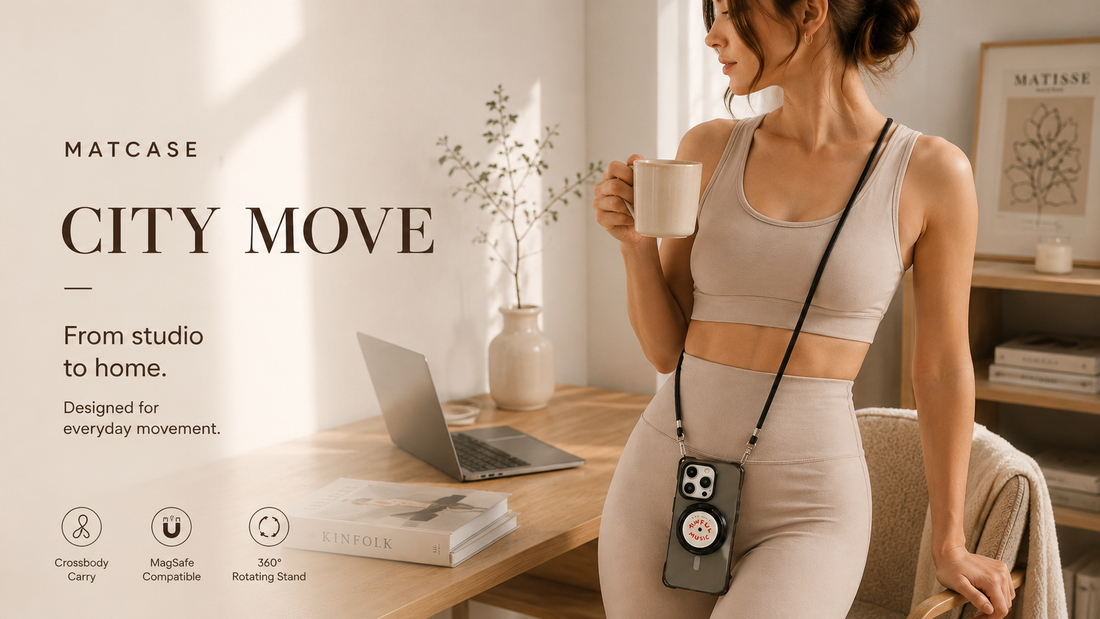 Matcase City Move crossbody phone case with rotating stand in a cozy home office lifestyle setting