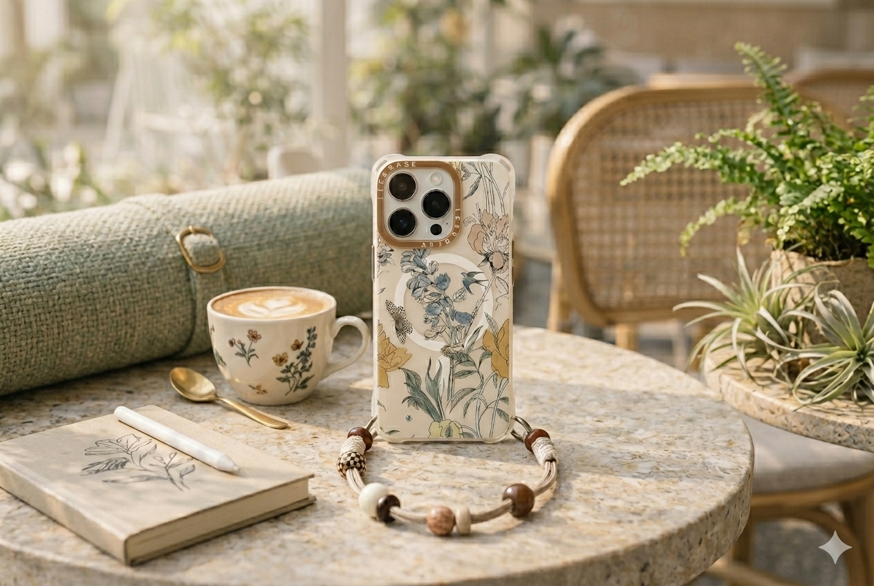 Floral print phone case with wrist strap from MatCase Wrist Moment collection, lifestyle photography in a coffee shop.