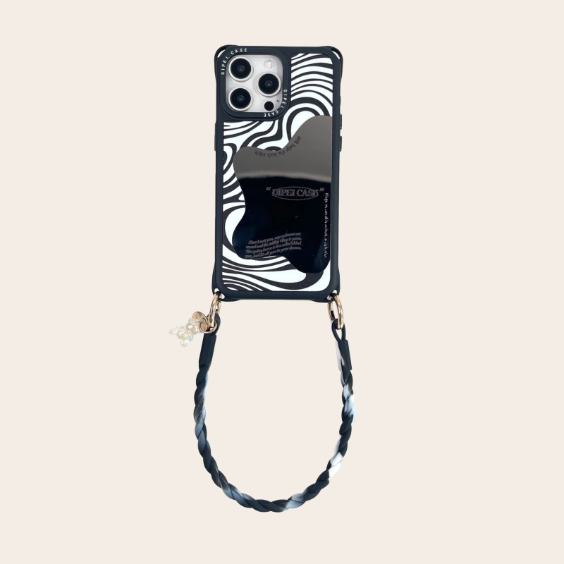 black mirror phone case with wrist strap – flatlay