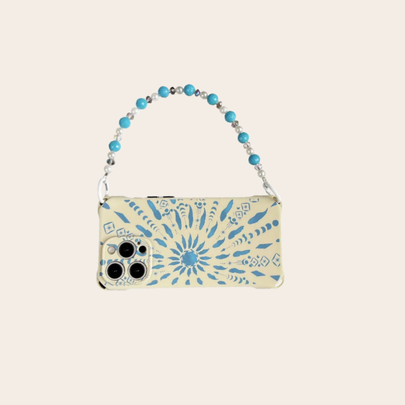 blue boho phone case with beaded strap – flatlay