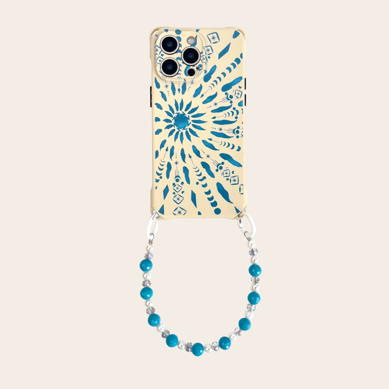 blue boho phone case with pearl bead wrist strap – flatlay
