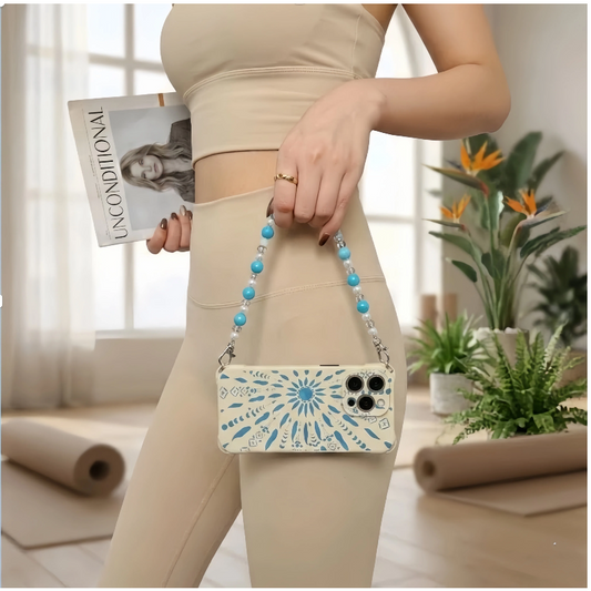 boho phone case with blue bead wrist strap – handbag carry lifestyle