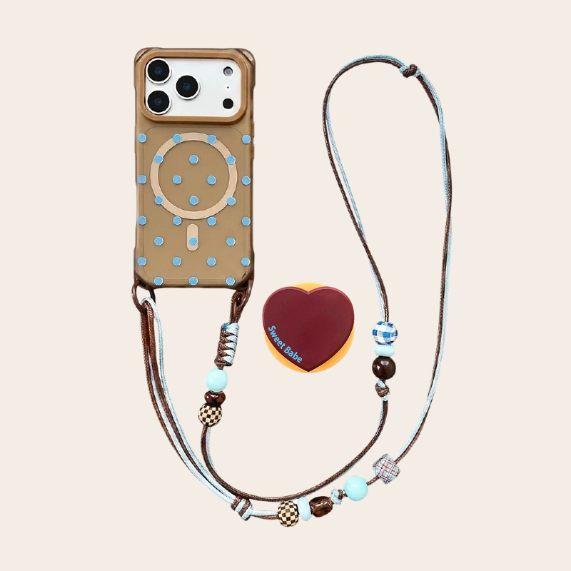 brown beaded crossbody phone case with heart stand set