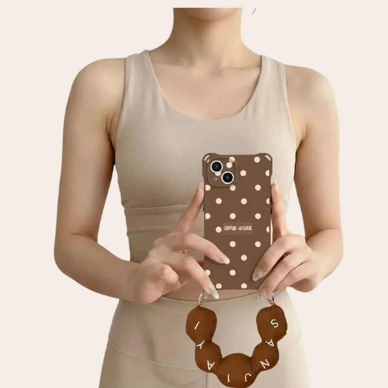 brown polka dot phone case with puffy letter strap – women lifestyle