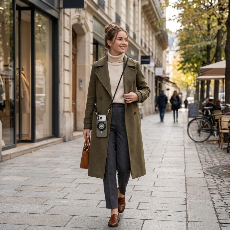 Side view of a model wearing a functional crossbody phone case with a long strap, demonstrating hands-free convenience for an active lifestyle.